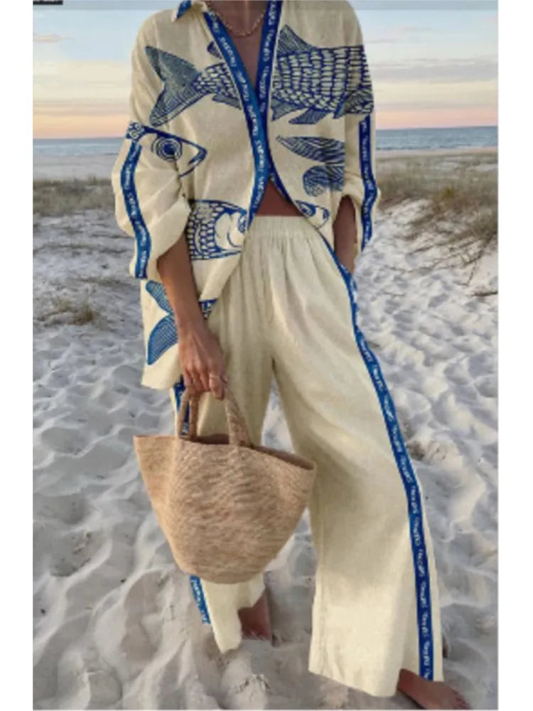 Women's Casual Printed Set with Shirt and Wide-Leg Pants