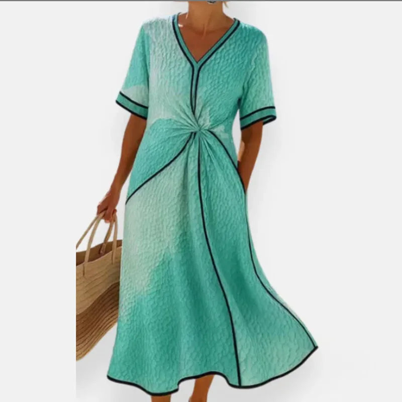 Green Color Midi Beach Dress Women's V-Neck Bohemian Style