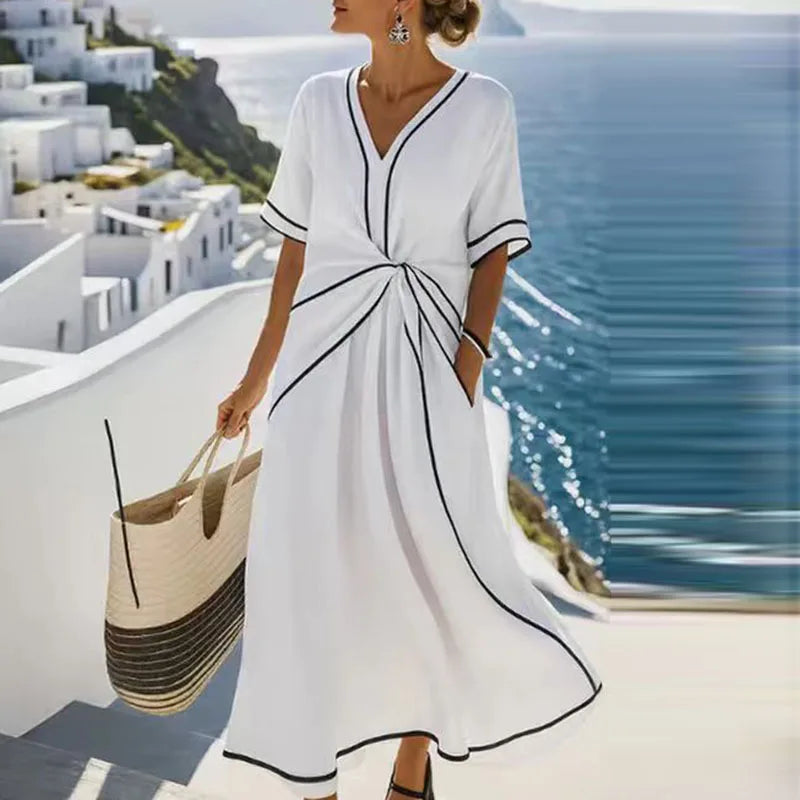 White Color Midi Beach Dress Women's V-Neck Bohemian Style