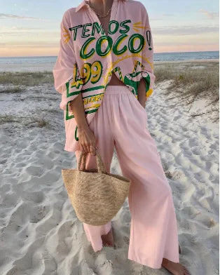 XY009 Color Women's Casual Printed Set with Shirt and Wide-Leg Pants