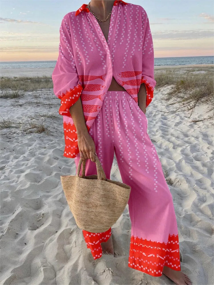 Women's Casual Printed Set with Shirt and Wide-Leg Pants