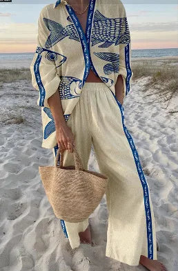 XY019 Color Women's Casual Printed Set with Shirt and Wide-Leg Pants