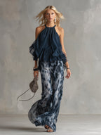 Corina™ Conjunto de Chifón con Top de Cuello Alto y Pantalón