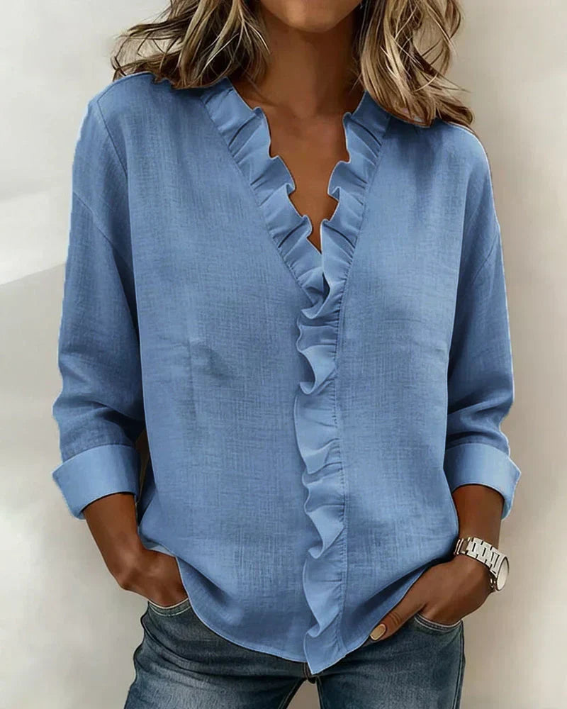 Eulalia™ Blusa Elegante con Cuello en V y Volantes Delicados