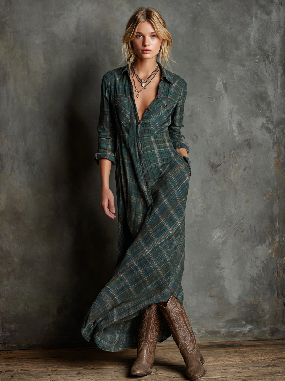 Facunda™ Vestido Maxi de Rayas con Cuello, Estilo Camisero para Mujer