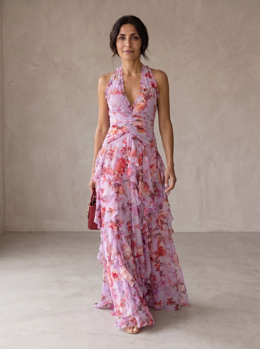 Jesusa | Vestido Largo Romántico con Cascada de Rosas y Cuello Halter