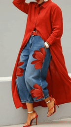 Vianca™ Conjunto de Vestido Camisero Rojo y Jeans Anchos Florales