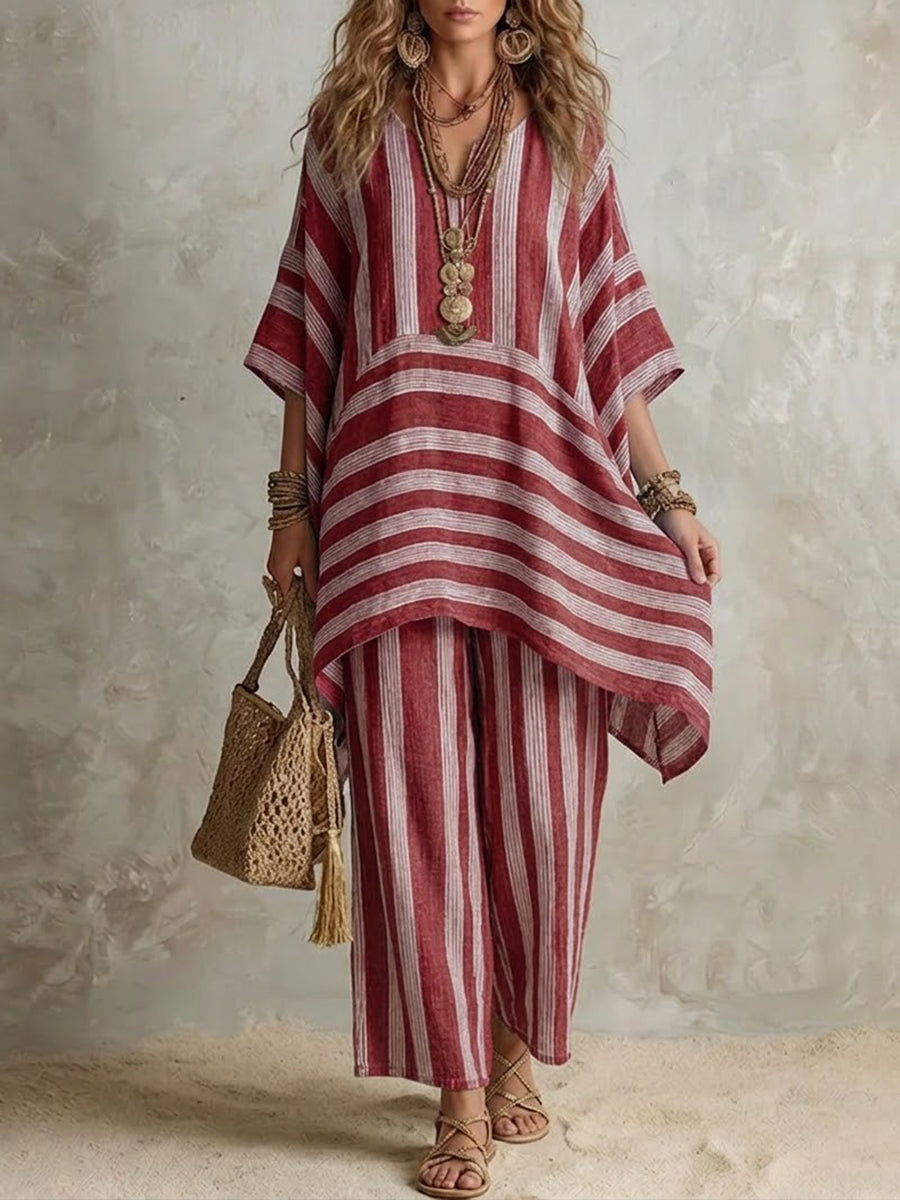 Ofelina™ Conjunto Boho de Lino a Rayas para Mujer, Corte Oversize