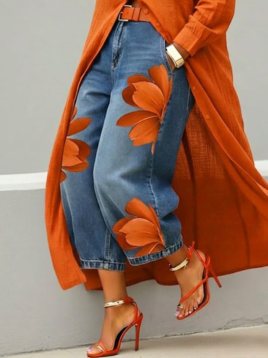 Vianca™ Conjunto de Vestido Camisero Rojo y Jeans Anchos Florales