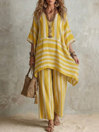 Ofelina™ Conjunto Boho de Lino a Rayas para Mujer, Corte Oversize