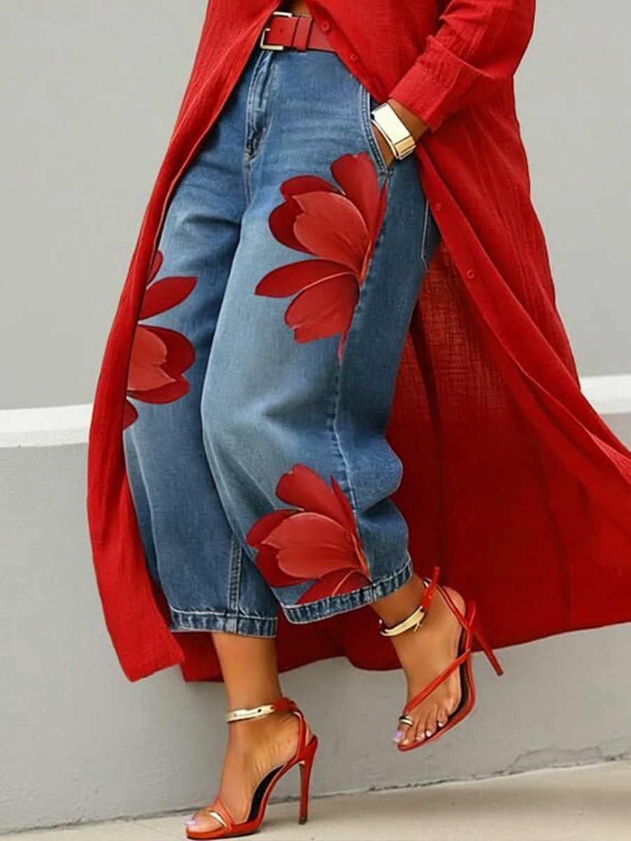 Vianca™ Conjunto de Vestido Camisero Rojo y Jeans Anchos Florales