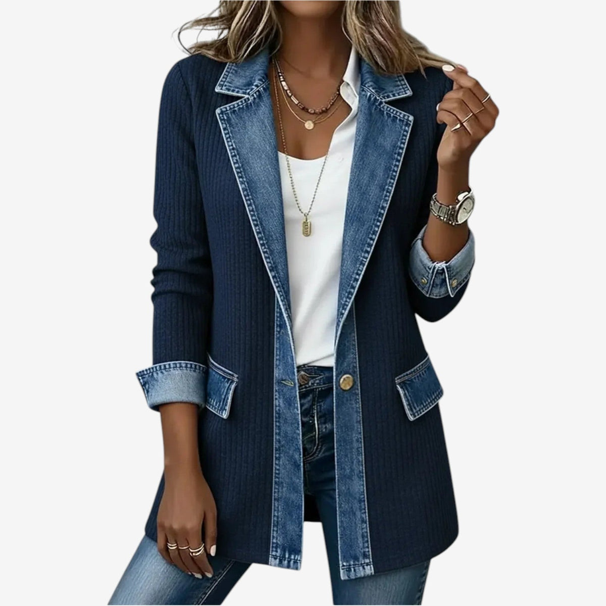 Silvana™ Chamarra de Punto y Mezclilla para Mujer, Efecto Capas Casual