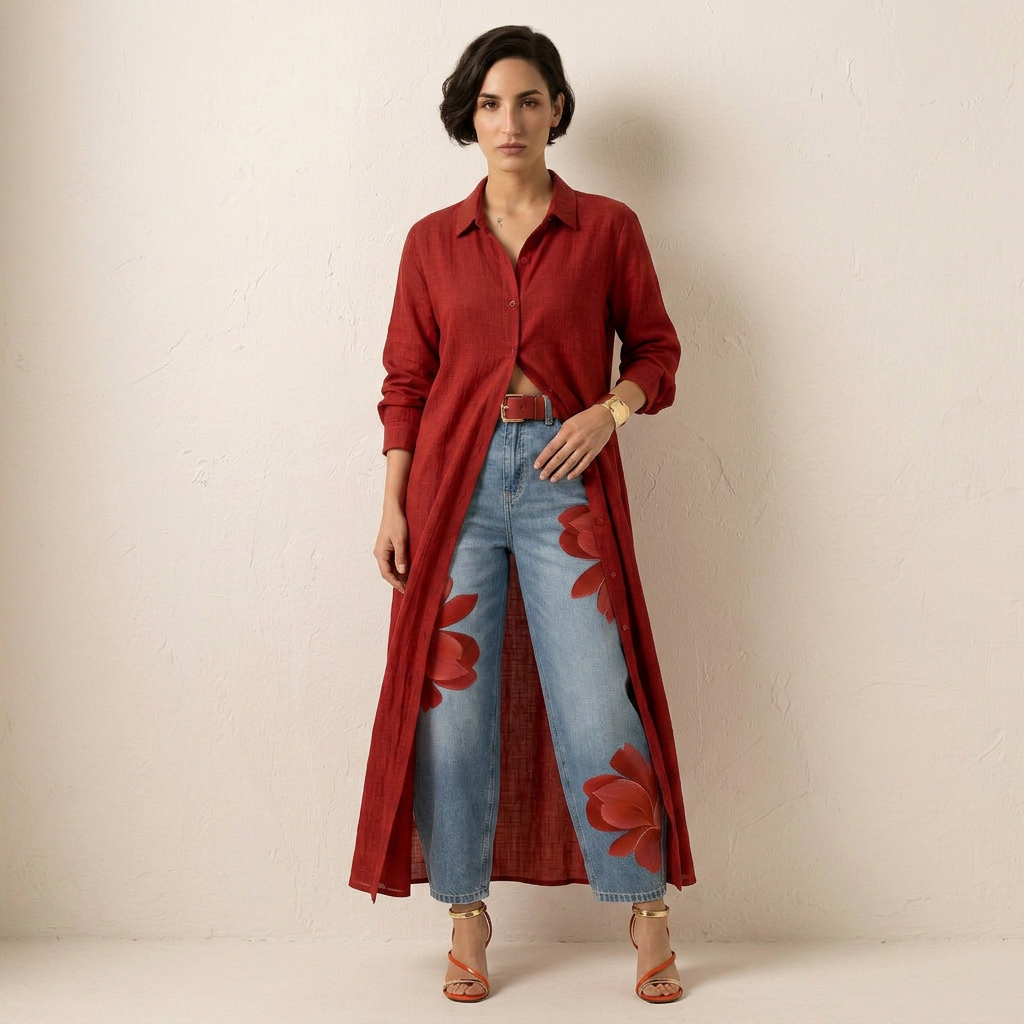 Erendira™ Conjunto de Vestido Camisero Rojo y Jeans Anchos Florales