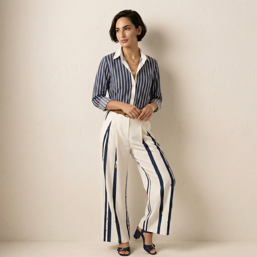Ursula™ Conjunto Rayado para Mujer con Camisa y Pantalón Ancho