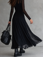 Filomena™ Vestido Maxi Vintage de Tul Negro con Mangas Semitransparentes