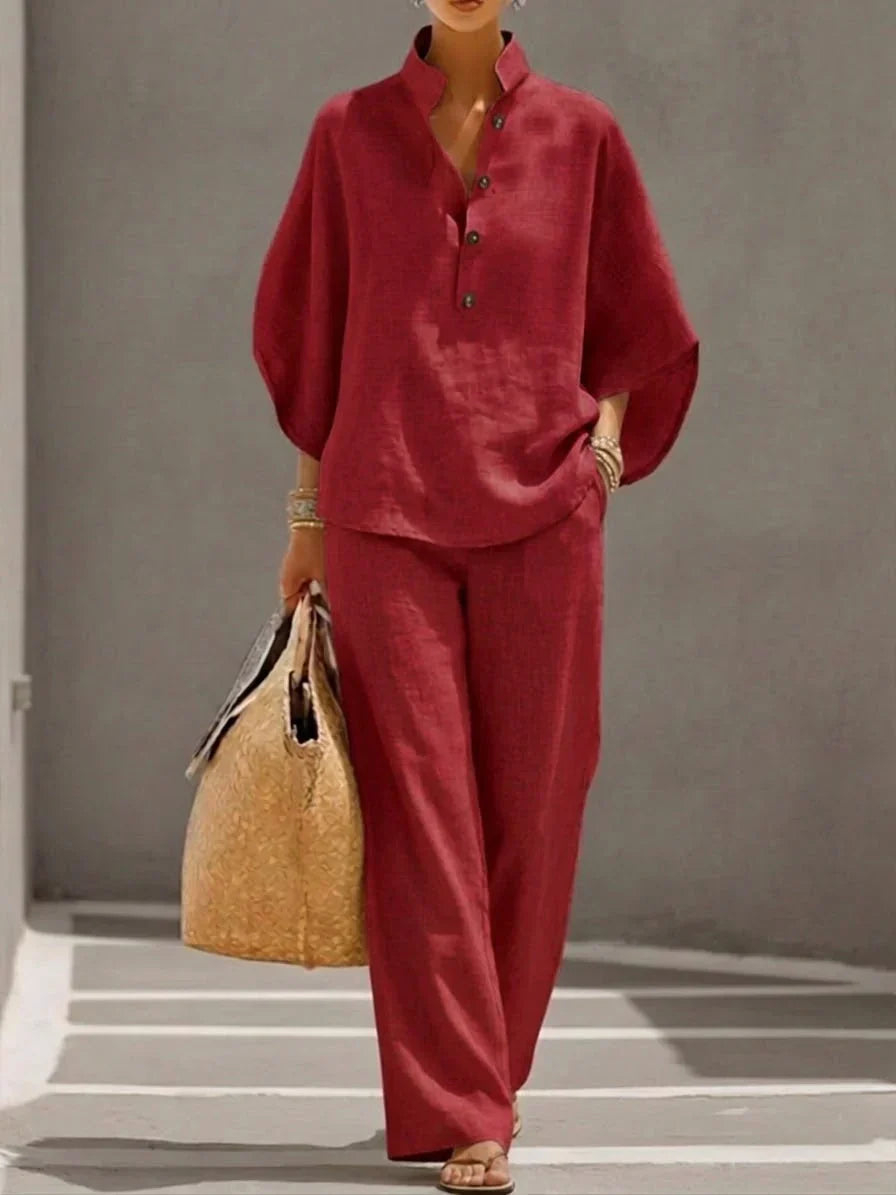 Ismelda | Conjunto de Lino con Mangas Murciélago y Pantalón Ancho
