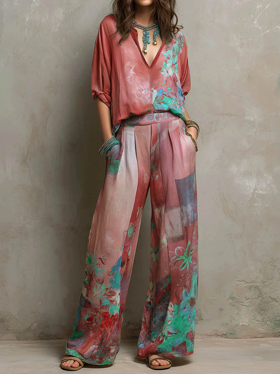 Amaranta — Conjunto elegante estampado floral con pantalón ancho