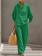 Ismelda | Conjunto de Lino con Mangas Murciélago y Pantalón Ancho