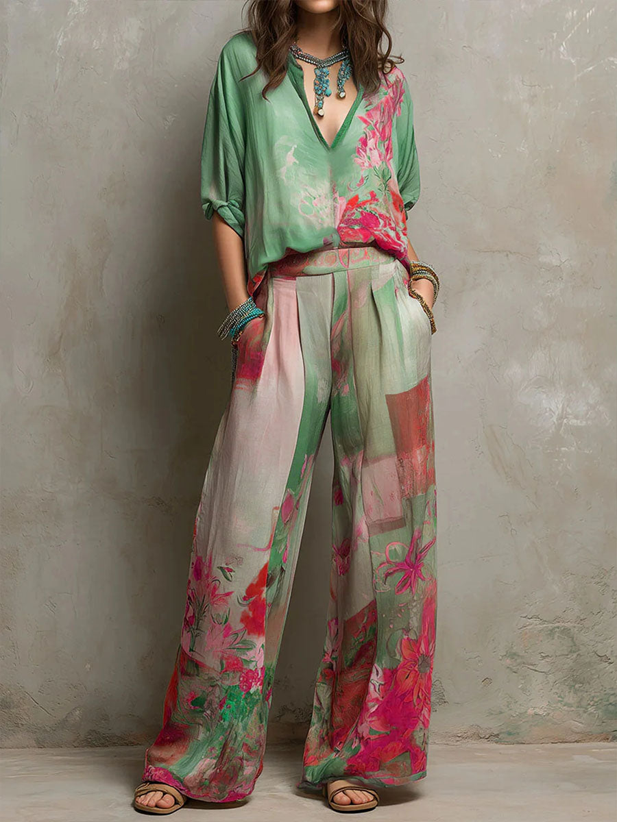 Amaranta — Conjunto elegante estampado floral con pantalón ancho
