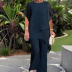 Conjunto Asimétrico Enriqueta con Blusa Larga y Pantalón de Pierna Ancha