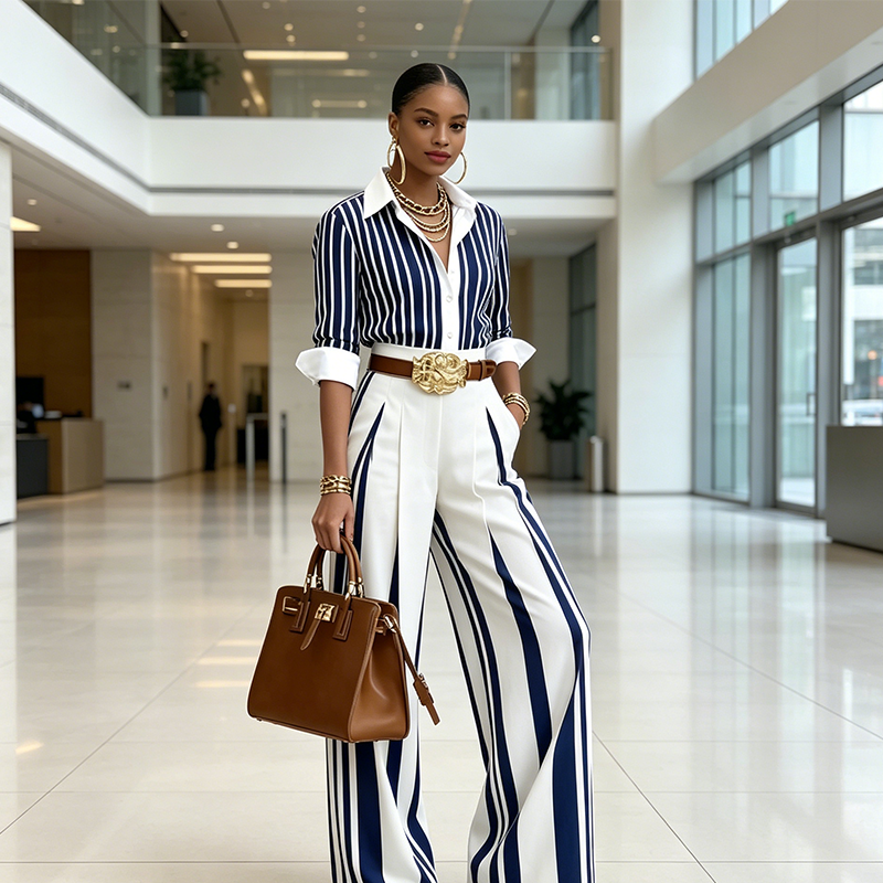 Chiapas™ Conjunto Rayado para Mujer con Camisa y Pantalón Ancho