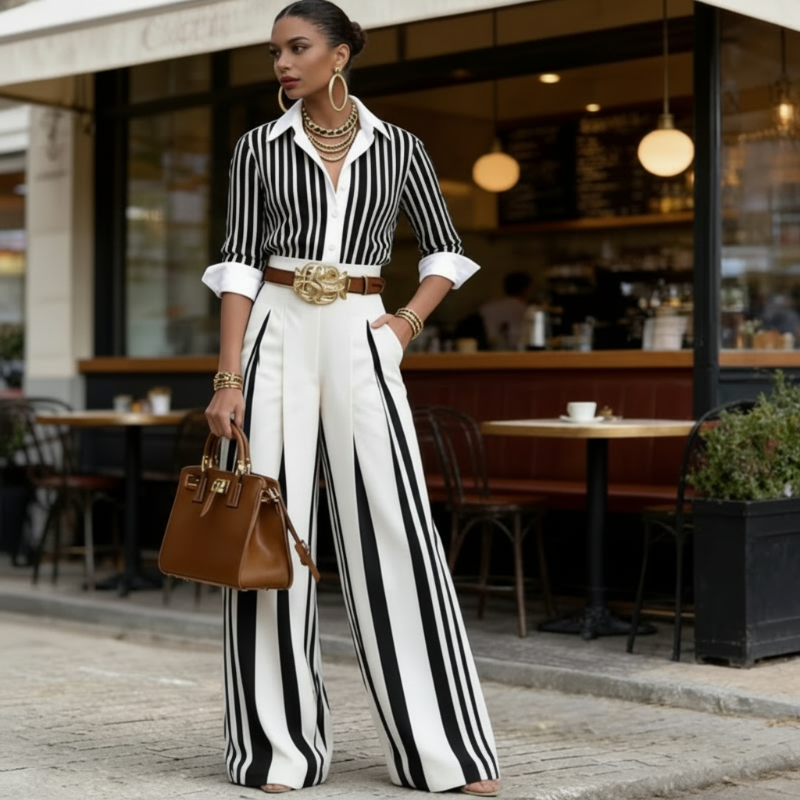 Ursula™ Conjunto Rayado para Mujer con Camisa y Pantalón Ancho